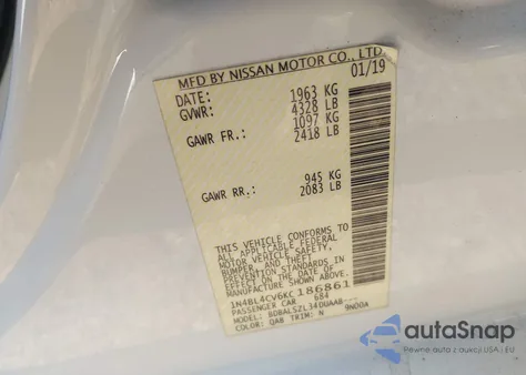 2019 Nissan Altima 2.5 Sr z USA, uszkodzony, nr VIN 1N4BL4CV6KC186861